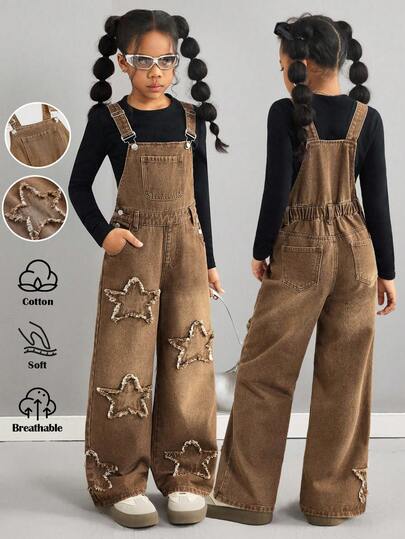 Tween Girls' Vintage Frayed Star Brown Denim Loose Fit Bib Overall Jumpsuit Fall Winter,For Girls Fall/Winter Dailywear Costume,Girls Streetwear Outfits,Halloween Outfits,Christmas Outfits,Winter Clothes,Teen Jeans,Brown Pants