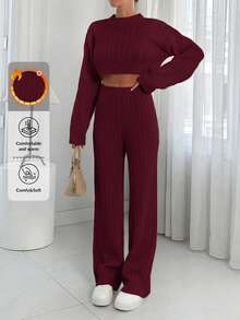 EURMUSE Casual Solid Color Cropped Sweater And Ankle Length Pants, Autumn/Winter - Burgundy - View 1