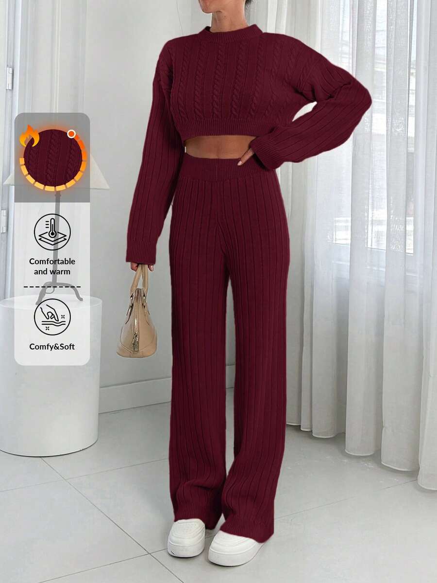 EURMUSE Casual Solid Color Cropped Sweater And Ankle Length Pants, Autumn/Winter - Burgundy - View 1