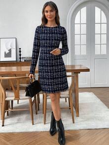 EMERY ROSE 女式格子圆领长袖休闲短款连衣裙 - 寶藍色 - 查看 5