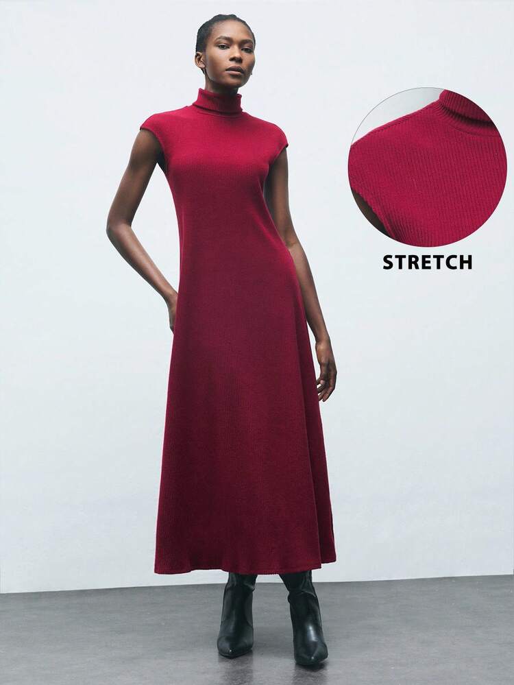 SHEIN Maija Vestido de punto acanalado de manga larga con hombros caídos en color vino tinto, estilo urbano moderno para mujer, otoño