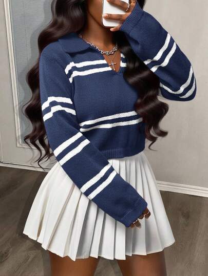 Slaydiva Women's Contrast Stripe Half-Zip Long Sleeve Cropped Knit Top,Fall,Fall Clothes For Women