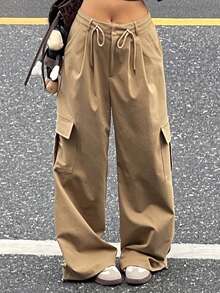 DAZY Women's Casual Solid Color Cargo Wide Leg Sports Pants - Khaki - View 1
