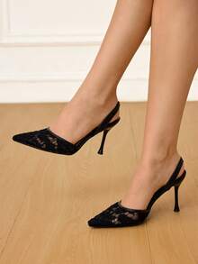 CUCCOO HITCHD 女士尖头细高跟鞋黑色蕾丝网眼透气镂空性感优雅女士高跟鞋带踝带，适合日常、派对、聚会 - 黑色 - 查看 1