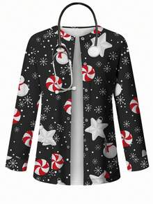 PopScrub 女士休闲圣诞糖果、雪花和雪人印花开衫夹克，适合护士制服，春秋季 - 彩色 - 查看 1