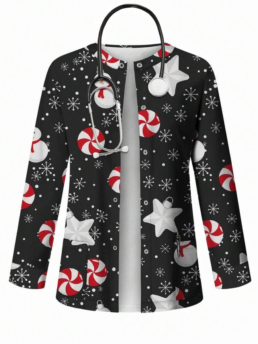 PopScrub 女士休闲圣诞糖果、雪花和雪人印花开衫夹克，适合护士制服，春秋季 - 彩色 - 查看 1