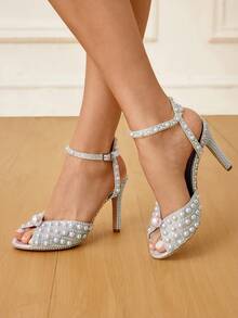 CUCCOO HITCHD 女士优雅闪亮珍珠装饰露趾高跟凉鞋，浪漫奢华新娘礼服鞋，适合正式场合、婚礼、派对、圣诞节、新年等。 - 銀色 - 查看 3