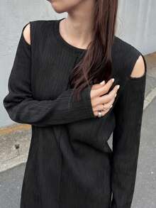 FRIFUL 女式纯黑色圆领长袖镂空露肩直筒宽松休闲长裙，适合秋冬季 - 黑色 - 查看 6