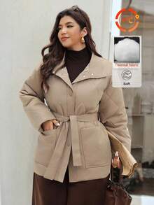 Vionelle Plus Size Big Pocket Quilted Long Sleeve Casual Basic Coat With Belt For Women Winter/Autumn Jacket Outerwear,Hiking Clothes - Khaki - View 10