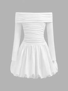 SHEIN Váy xòe trễ vai bèo nhún màu trơn thanh lịch cho bé gái tuổi mới lớn, mùa thu - trắng - Xem 6