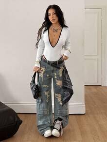 Coolane Trang phục đi chơi mùa hè cho nữ, trang phục dạo phố, trang phục hòa nhạc, quần bó ống tương phản co giãn, cổ chữ V sâu, tay dài, áo liền quần - trắng - Xem 5