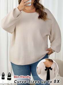SHEIN CURVE+ Plus Size Women Casual V-Neck Bowknot Open Back Loose Pullover Sweater, Autumn/Winter Knit Top - Apricot - View 1
