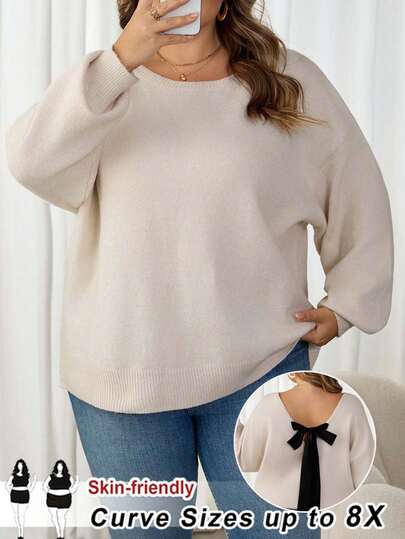 SHEIN CURVE+ 大码女式休闲V领蝴蝶结露背宽松套头毛衣，秋冬针织上衣