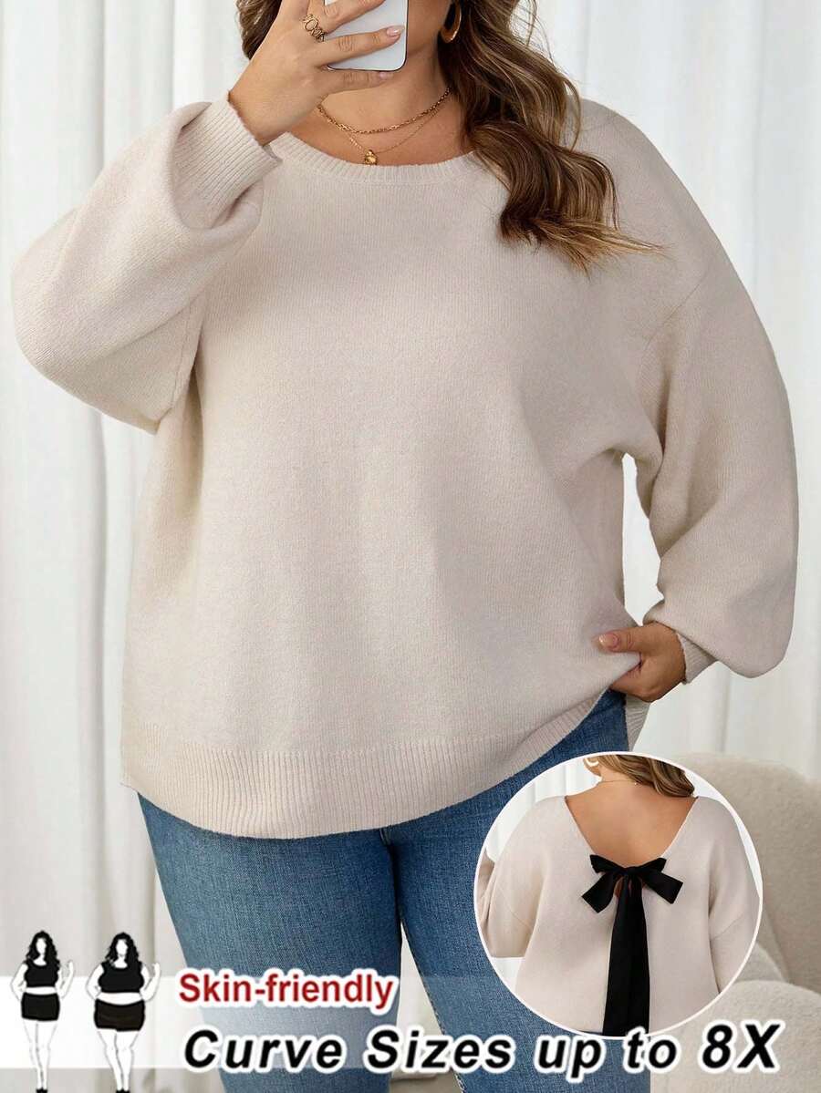 SHEIN CURVE+ Plus Size Women Casual V-Neck Bowknot Open Back Loose Pullover Sweater, Autumn/Winter Knit Top - Apricot - View 1