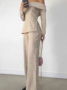 Siren Gaze 2 pièces Top aux épaules dénudées et pantalon, tenue de navette pour femmes. Ensemble une épaule, style de bureau pour l'été. Tenue décontractée chic pour l'automne/hiver à manches longues - Nude - Voir 4