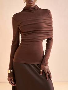 Zivah 秋冬新婚季，情人节新年版适合日常约会、通勤、商务、淑女、优雅、邮轮派对、简约、网络流行、生日宴会、高端派对、打底衫、绒领、长袖裹身、长袖紧身上衣、棕色拉绒羊毛针织面料女式T恤-A - 棕色 - 查看 3