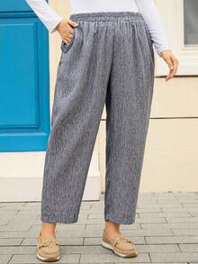 EMERY ROSE 大码女式纯色松紧腰口袋锥形休闲裤 - 灰色 - 查看 4