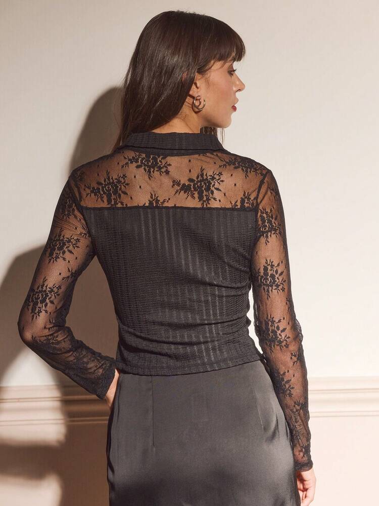 Long Sleeve Black Textured Fabric Button Front Shirt With Lace Panel Detail Chic Party Top