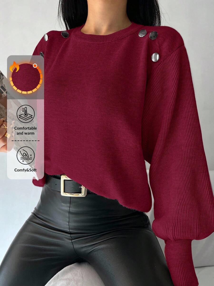 EURMUSE Button Detail Lantern Sleeve Sweater - Red - View 1