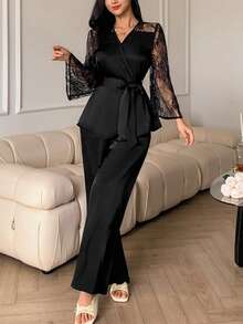 DAZY Damen charmantes Spitzen-Patchwork Wickel-Taille Gürtel Top & gerade Bein Hose Pyjama Set, Herbstkleidung - Schwarz - Übersicht 5