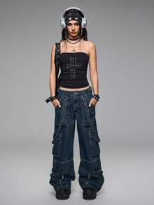 ROMWE Grunge Punk Quần jean ống rộng cạp thấp dáng rộng phong cách Punk Retro Cargo của Kpop - Màu xanh lam - Xem 8