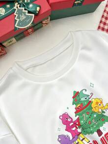 SHEIN Unity 2pcs/Set White CareBears Christmas Tree Print Crew Neck Loose Sweatshirt And All-Over Print Drawstring Waist Straight Leg Sweatpants, Cute & Casual For Christmas Party, Home, Outdoor, Sports, Date, Daily Wear In Autumn/Winter - Multicolor - View 6