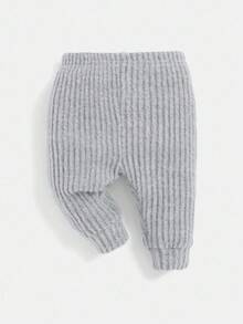 SHEIN 2pcs Newborn Baby Boy Letter Embroidered Crew Neck Long Sleeve Top And Elastic Cuff Pants Set - Grey - View 5