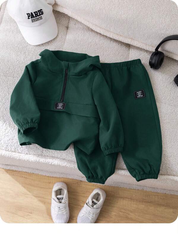 SHEIN 2pcs Baby Boy Olive Green Hoodie Top With Half Placket And Elastic Waist Pants Set, Casual Sportswear Outfit For Outings And Indoor Wear, Autumn