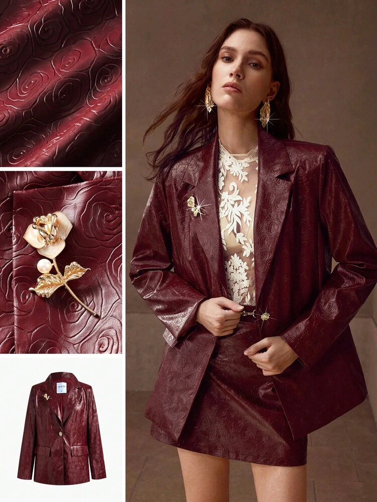 GOLD ROSE BROOCH PU LEATHER BLAZER