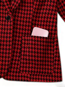 Franclia 女式缺口领千鸟格纽扣口袋休闲通勤西装外套，秋冬 - 酒紅色 - 查看 4