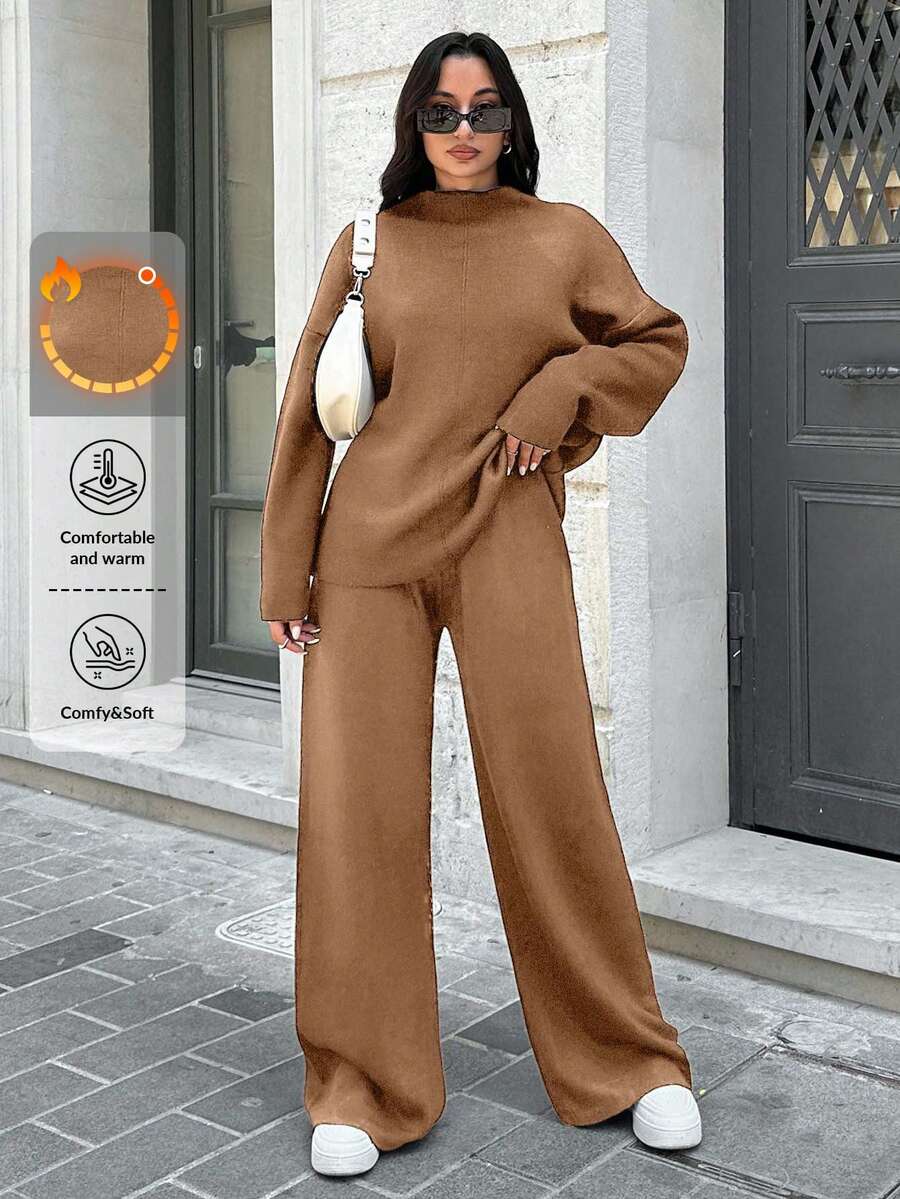 SHEIN Tall كنزة بكتف منخفض & بنطال محبوك للخريف & الشتاء، للنساء الطويلات - بني فاتح - مشاهدة 1