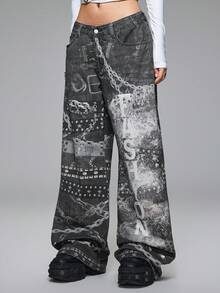 ROMWE Grunge Punk Y2K 复古街头风链条印花超低腰宽松牛仔裤 - 黑色 - 查看 3