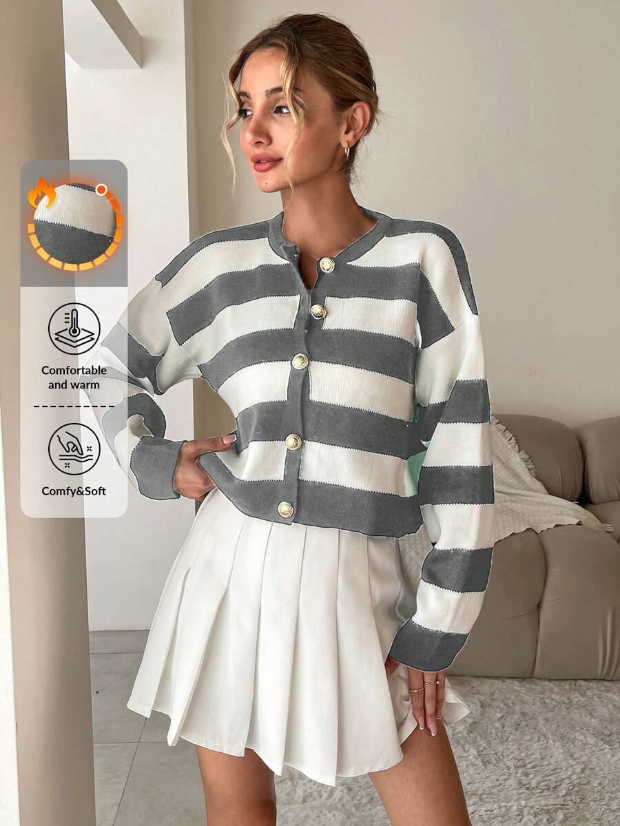 SHEIN Cottnline Women's Striped Drop Shoulder Cardigan Sweater - Light Grey - View 1