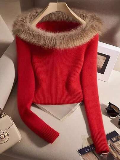 Franclia Women's Fashionable Casual Fluffy Collar Long Sleeve Knit Sweater, Christmas