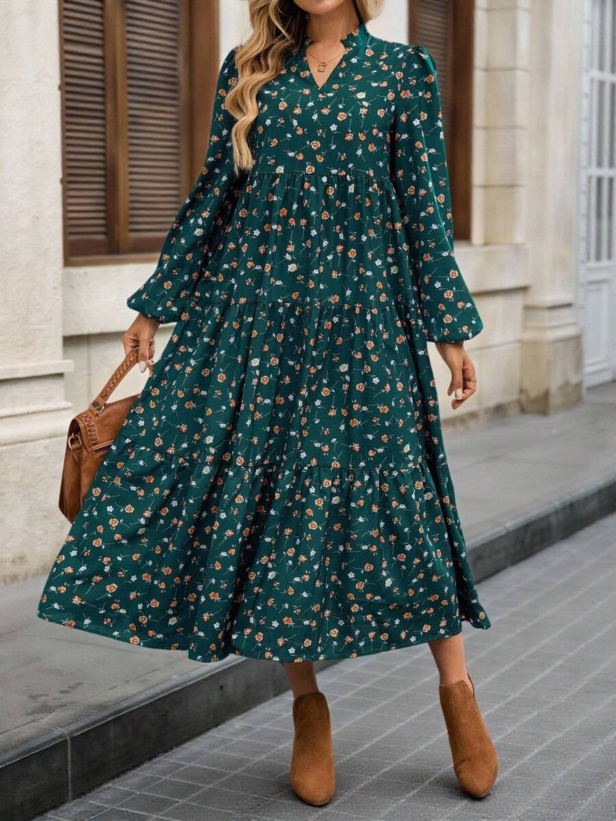 EMERY ROSE Damen-Midikleid mit V-Ausschnitt und Laternenärmeln, Blumenmuster, Winterkleid, Herbstkleider für Damen, Winterkleidung für Damen, Freizeitkleider für Damen, lässiges langes Kleid, grünes Blumenkleid, grünes Midikleid für Damen, Herbstkleid, Ausgeh-Outfit