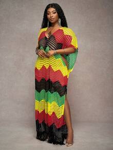 Slaydiva 大码女式彩色彩虹条纹镂空V领宽松沙滩长裙，性感休闲，适合夏季度假 - 彩色 - 查看 7