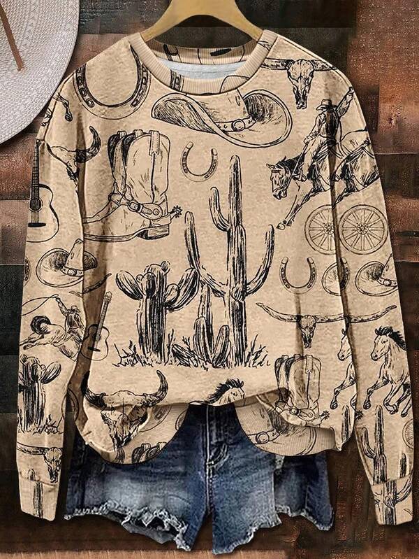 EMERY ROSE Hot-Selling Versatile Retro Western-Style Women's Crewneck Sweatshirt Featuring Cowboy Boots, Cacti, Galloping Horses, And Other Western Motifs-Perfect For Fall And Winter.