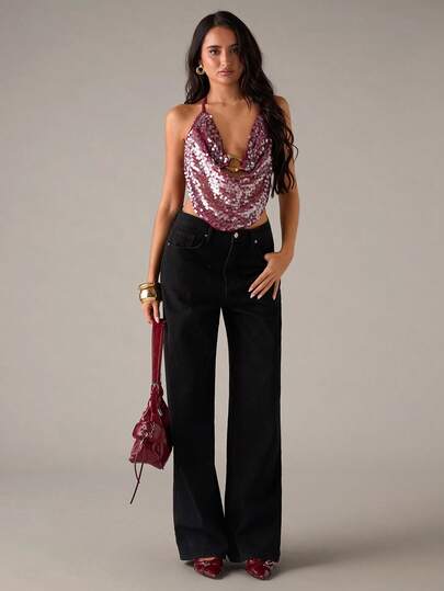 SHEIN BAE 1pc Women Plus Size Oblique Shoulder Long Sleeve T-Shirt, Elegant For Party And Everyday Wear, Autumn/Winter,This Elegant And Sexy Burgundy Sequined Top Is Perfect For Autumn And Winter, Ideal For Vacations, Beaches, Music Festivals, Birthdays, Brunch, Wedding Guests, Bridesmaids, Parties, Christmas, And New Year's.