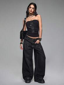 ROMWE Grunge Punk Y2K Edgy Metallic Distressed Wide Leg Super Low Waist Loose Fit Jeans For Women - Black - View 7