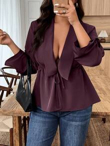 SHEIN LUNE Blusa elegante de manga larga con volantes y nudo en el bajo, de unicolor, talla grande - Granate - Ver 3