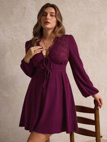 Elegantrix 女士拼布蕾丝派对连衣裙，秋冬 - 酒紅色 - 查看 5