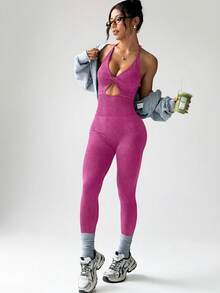 Dewbera Bộ đồ tập yoga liền mạch có lưng chữ Y, quần lửng, cúp ngực có thể tháo rời, khoét xoắn phía trước, thiết kế hở lưng, thời trang và gợi cảm, phù hợp để tập thể dục, chạy bộ ngoài trời, thấm hút mồ hôi - Màu Hồng Tươi - Xem 7
