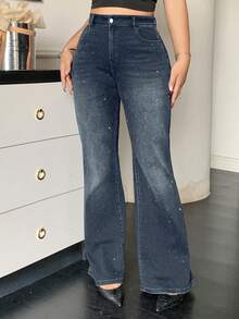 Dazy Plus 水洗黑色和做旧弹力修身亮片装饰喇叭裤 - 中等水洗藍 - 查看 3