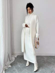 Selianne 女士秋冬高端三件套：高领毛衣+裙子+长款开衫，休闲别致的通勤针织套装 - 米色 - 查看 4