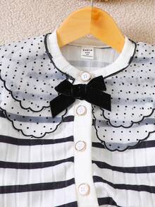 Young Girls' Vintage French Style Black & White Striped Knit Cardigan,Polka Dot Mesh Collar,Velvet Bow,Autumn,Career Day Retro Sweet Knitwear Jacket - Black and White - View 3