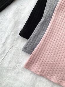 SHEIN 3件套青少年女孩纯色罗纹圆领长袖休闲T恤 - 彩色 - 查看 6