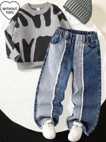 SHEIN Streecool Kids 小男孩个性化街头拼布设计破洞下摆牛仔裤