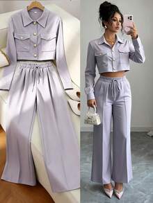 Franclia 2pcs Women's Crop Top With Buttons & Elastic Waist Pants Set - Dusty Purple - View 3