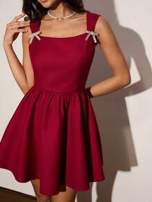 Enchnt Women's Elegant Burgundy Red Rhinestone Bow Decor Mini Dress, Summer Sleeveless Minimalist Chic&Elegant For Date&Formal Party Everyday Wear - Burgundy - View 7