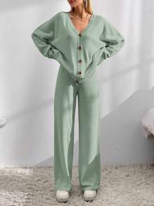 EURMUSE Drop Shoulder Cardigan & Tie Front Knit Pants - Mint Green - View 3